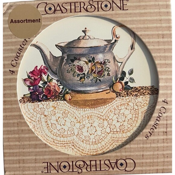 VTG CoasterStone Sandstone Coasters Victorian Teapots  4 Assorted Coasters NIB - Picture 1 of 10